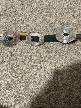 Western Genuine Leather Belt with Silver-Tone Oval Buckles - Black